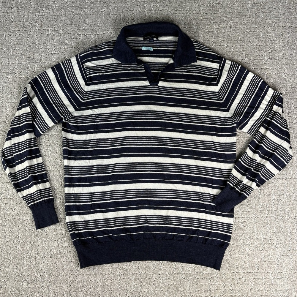 Peter Millar Crown Sweater Mens L Navy Blue Stripe Wool Silk Linen Polo Johnny